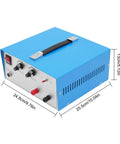 Pro Grade 390W Electric Spot Welder Kit With 80A Handheld Torch, blue box with measurements and controls