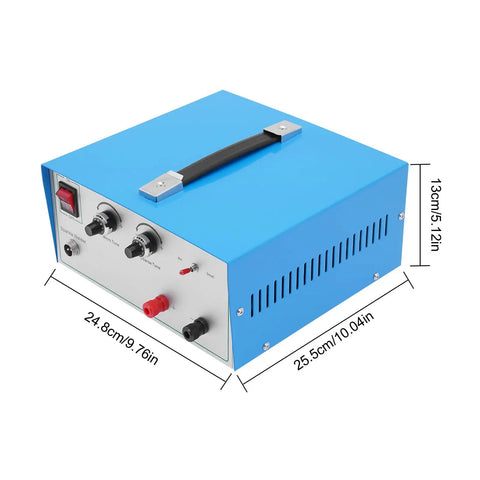 Pro Grade 390W Electric Spot Welder Kit With 80A Handheld Torch, blue box with measurements and controls