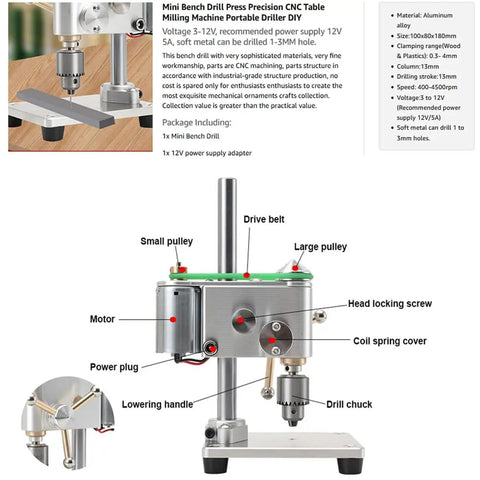 High-Performance Precision Benchtop Drill Press With Jt0 Chuck, 360-Degree Rotation And Variable Speed 400-4500Rpm viewed from the side, showcasing components.