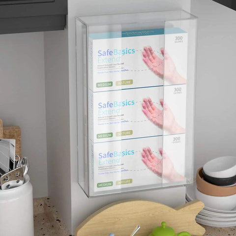 Clear Acrylic Glove Dispenser Wall Mount For Triple Glove Boxes in kitchen with clear design visible