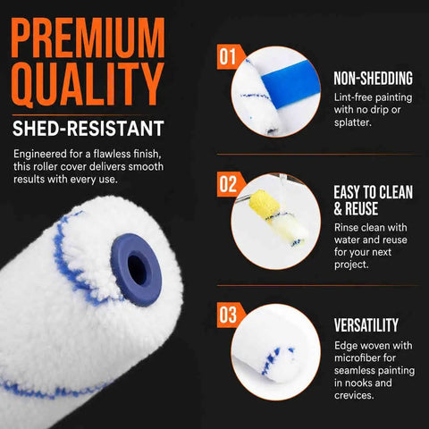 Super Smooth 60 Pack 4 Inch Microfiber Paint Roller Covers With 1/3 Inch Nap For Cabinets Walls And Doors Lint Free Mini Roller Refills showcasing shed-resistant design and easy cleaning features.