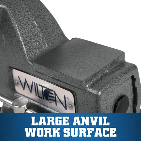 Close-up of large anvil work surface of Beefy 4 Inch Bench Vise With 360 Degree Swivel Base, gray cast iron.
