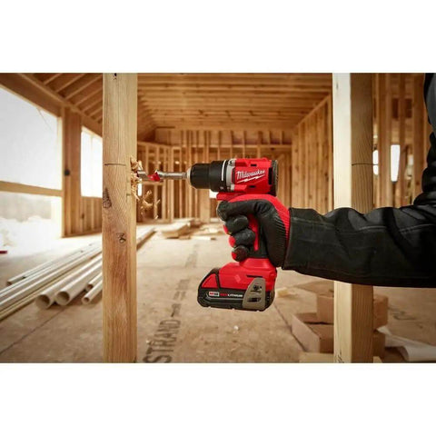 Badass Compact Brushless Cordless Drill Driver Kit With 18 Volt Lithium Ion Battery Power being used on wood construction.