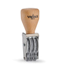 Vintage Pro Heavy Duty Date Stamp Workhorse Featuring Adjustable Mmm Dd Yyyy American Format with wooden grip and metal base.