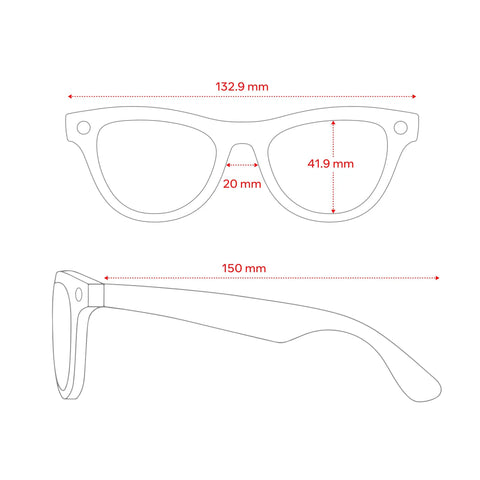 Technical dimensions of Meta Gen 1 Skyler Smart AI Glasses For Men And Women With 12 MP Camera Open-Ear Audio, front and side view.