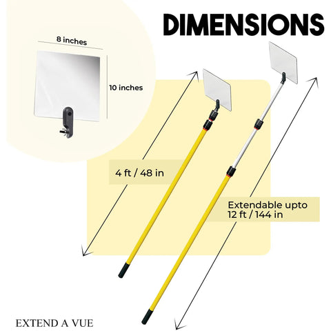 Telescoping Inspection Mirror Kit With 4 To 12 Ft Pole, Heavy Duty Yet Lightweight, 8 By 10 Inch Acrylic Mirror For Tight Spots