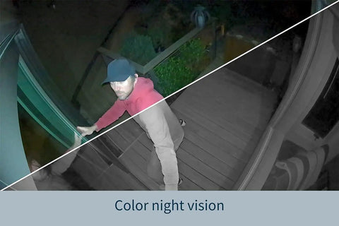 Pro 4 Spotlight Camera 1 Pack Wireless Home Security With 2K HDR Video Color Night Vision shows visitor on porch at night