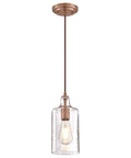 Washed Copper Sleek One Light Mini Pendant With Clear Textured Glass Shade, Indoor Lighting for Kitchen Island or Living Room, 11" high