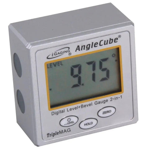 AngleCube Digital Level Bevel Gauge 2 In 1 showing 9.75° angle reading with magnetic sides for saw and machine setup
