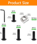 230 Pcs M5 T Nuts And T Slot Bolts Set With Hammer Head T Slot Nut And Hex Button Head Socket Cap Screws For 2020 Aluminum Extrusion Hardware Replacement MLOK Compatible Heavy Duty Kit product size diagram with bolt and nut dimensions.