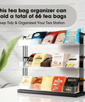 Three Tier Tea Bag Organizer With Clear Acrylic Compartments And Black Steel Frame Holds 15 Compartments For Coffee Station Storage On Countertop Or In Cabinet Great For Office And Kitchen displayed with various tea bags.