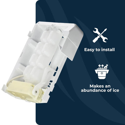 White Refrigerator Ice Maker Assembly 820833P Replacement Kit with DIY installation icons and abundant ice features.