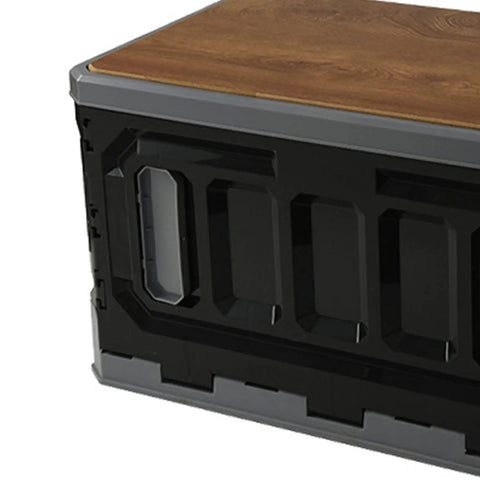 Huge Capacity Folding Storage Bin Built Like A Tank Stackable Wooden Lid Camping Crate showing secure stacking grips and easy grip handles.