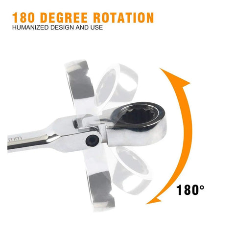 180-degree rotating ratchet spanner showing flexible wrench mechanism, part of Ratchet Spanner Set With Flexible Wrench Open End And Ring Keys 6 To 24MM Chrome Steel Hand Tool For Cars Easy Grab And Smooth Turn In Tight Spots Rust Resistant Pro Grade Durable Wrench Kit For Everyday Repairs.