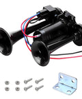 Kickin 12V Car Air Horn Kit Featuring Rip Roaring 120DB Dual Trumpets With Integrated Air Compressor Waterproof Electric Train Horn Upgrade For Tough Trucks And Rvs Matte Black Shell with mounting hardware.
