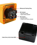 Back view of Red Emergency Stop Push Button Switch With Key 660V 1NO 1NC 10A Latching ON OFF Beefy Heavy Duty Safety Switch and box