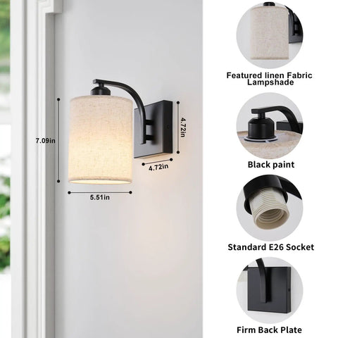 Sleek Matte Black Rechargeable Wall Sconces Set Of Two Wireless Dimmable Led Lights With Remote Easy Setup For Bedroom And Living Room All Day Battery Operated Lamps Heavy Duty Build Badass Style with linen lampshade and measurements.