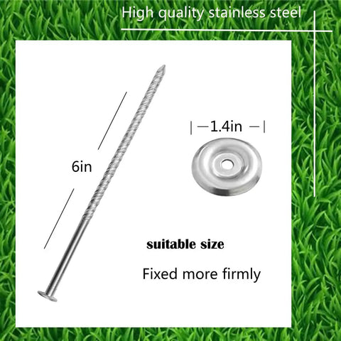 Heavy Duty Outdoor RV Rug Stakes 6 Inch Stainless Steel Spira Mats showing 6 inch length and 1.4 inch washer