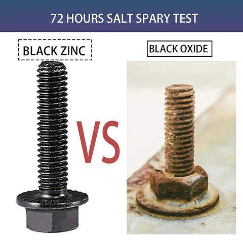 Comparison of beefy 180 piece M6 flange bolt kit with washers and nuts, black zinc galvanized vs black oxide after salt spray test.