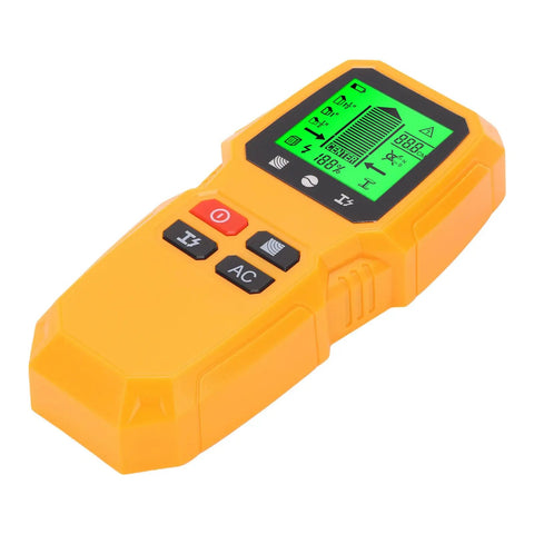 Jiawu Stud Finder LCD Display Electrician Wire Scanner for Hanging Shelves or Mounting TVs, angled view showing green display.
