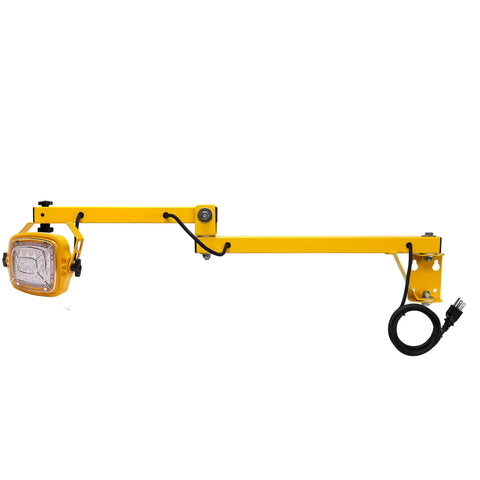 Heavy Duty Led Loading Dock Swing Arm Light 2 Pack with yellow body, 50 Watts, mounted on adjustable arm for warehouses.