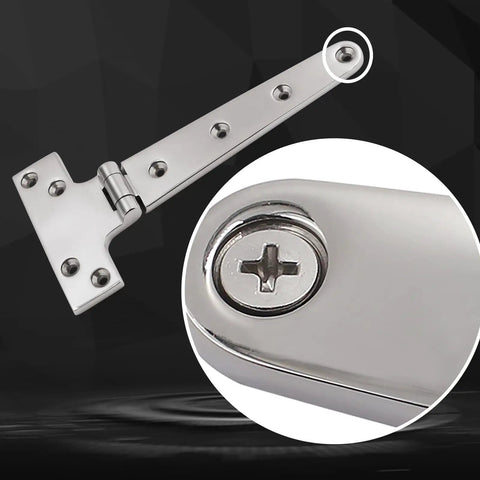 Marine Grade 316 Stainless Steel T Hinges 8 By 4 Inch Heavy Duty Boat Hatch Hardware 2 Pack Polished Finish close-up with screw detail