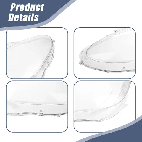Detailed view of Mercedes Benz W219 CLS headlight covers two piece front left and right set with crystal clear lens shells.