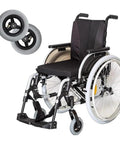 Absolute Game Changer 6 Inch Wheelchair Front Wheel Replacement With Plush Pneumatic Rubber Tires For Manual Chairs Featuring Anti Slip Pneumatic Casters And Zero Hassle Bolt On Upgrade Set with chair view.