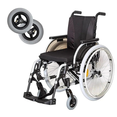 Absolute Game Changer 6 Inch Wheelchair Front Wheel Replacement With Plush Pneumatic Rubber Tires For Manual Chairs Featuring Anti Slip Pneumatic Casters And Zero Hassle Bolt On Upgrade Set with chair view.