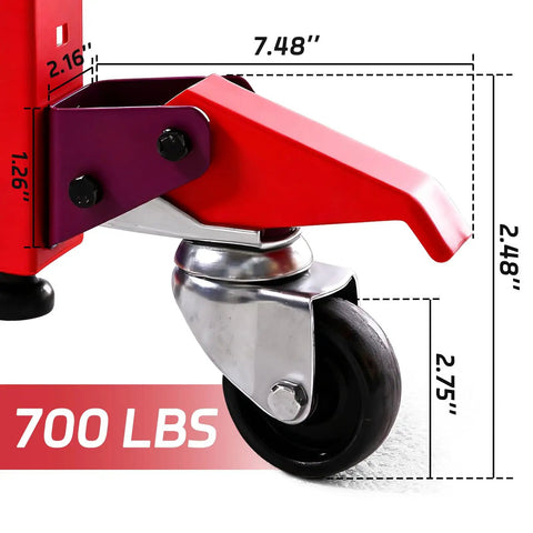 Heavy Duty Retractable Workbench Caster Kit With Foot Release And Sturdy Hardware close-up of caster wheel with dimensions and 700 lbs capacity.