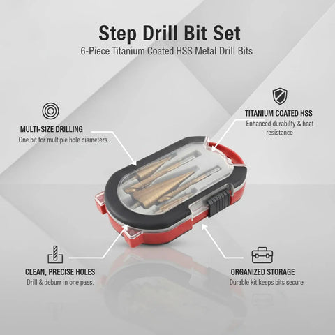 Step drill bit set case with 6-piece titanium coated HSS bits, Kick Some Serious Metal With This 6 Piece Titanium HSS Step Drill Bit Set For Smooth Sheet Metal Wood And Plastic Holes No Burr Just Clean Cuts In One Go Perfect For DIY Whippersnappers Needing Quality Gear Fast.