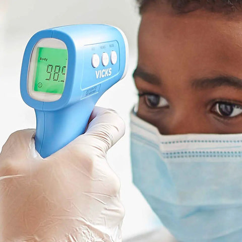 Non Contact Infrared Thermometer For Forehead Food And Bath Use Fast Accurate Readings For Adults Kids And Babies Hygienic Touchless Digital Thermometer Now blue thermometer near child's forehead