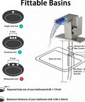 Diagram showing LED Temperature Sensing Bathroom Faucet with Color Changing LED Brushed Nickel Finish fitting options.