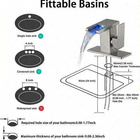 Diagram showing LED Temperature Sensing Bathroom Faucet with Color Changing LED Brushed Nickel Finish fitting options.