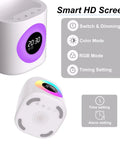 LED desk lamp with clamp and flexible gooseneck, showing smart HD screen and features like switch, dimming, RGB mode, and timers.