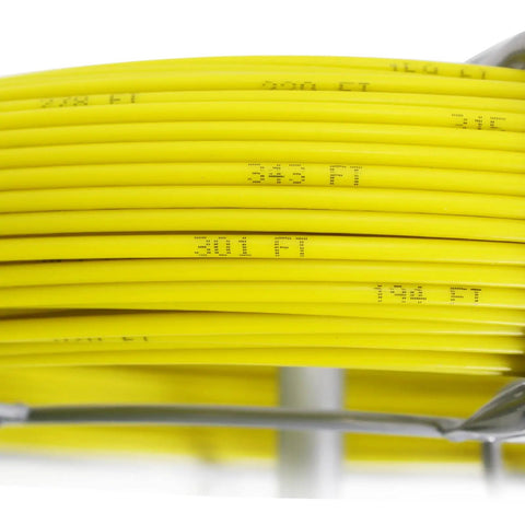 Close-up of yellow fiberglass duct rod, with 450ft length markings, part of Fiberglass Duct Rod Fish Tape Puller Kit with 6mm Diameter.