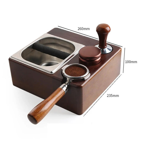 Heavy Duty Wooden Espresso Tamper Holder And Tamping Station For 58mm Coffee Machine Handles With Secure Powder Catch Slot showing dimensions.