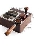 Premium Wooden Espresso Tamper Holder With Slick Drip Catch Tray And Knock Box Replacement showing wood and stainless steel design.