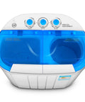 No Sweat Portable Washing Machine 3.6 Kg Double Barrel Automatic Laundry Cleaner Quiet Mini Clothes Washer top view with blue accent.
