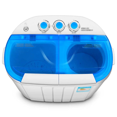 No Sweat Portable Washing Machine 3.6 Kg Double Barrel Automatic Laundry Cleaner Quiet Mini Clothes Washer top view with blue accent.