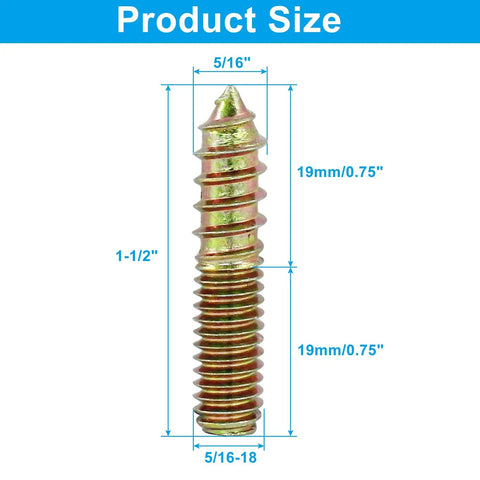 Top Shelf 5/16-18 X 1-1/2 Inch Hanger Bolts 12 Pack Galvanized Carbon Steel screws, showing size dimensions 5/16" and 1-1/2".