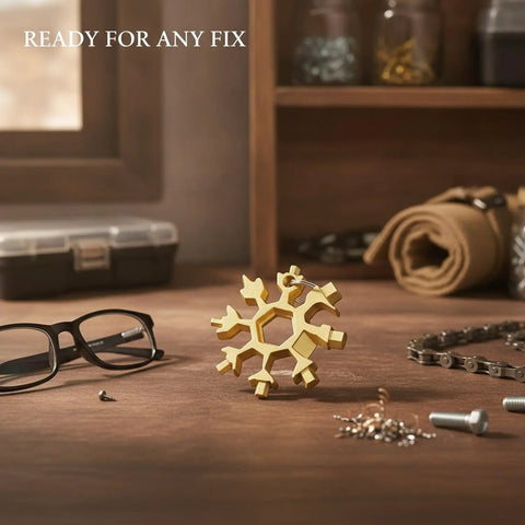 Snowflake-Shaped Compact Multi Tool Wrench for Eyewear, Bike, and Camping Repairs on wooden table with glasses and chain.