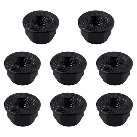 Eight black Aluminum M4 Flanged Nylon Lock Nuts For 1/10 Scale RC Cars And Trucks Self Tightening CNC Machined Lightweight High Strength