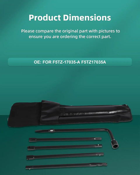 Spare Tire Tool Set For Ford Ranger 1998-2011 with lug wrench, 3 extensions, jack tip, and storage bag on green background.