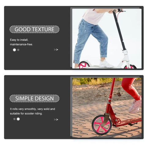 Two Pack High Elastic PU Scooter Wheels Replacement 175mm By 30mm For Electric Scooters Wheelchairs And Skateboards Sturdy Wear Resistant Upgrade For Everyday Rides And Tricks, installed on white and red scooter showing ease of riding