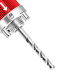 Heavy Duty Manganese Steel Hole Saw Arbor Adapter With 10mm Hex Shank Quick Swap Shaft showing drill bit and locking mechanism.