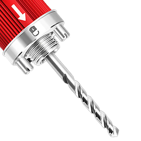 Heavy Duty Manganese Steel Hole Saw Arbor Adapter With 10mm Hex Shank Quick Swap Shaft showing drill bit and locking mechanism.