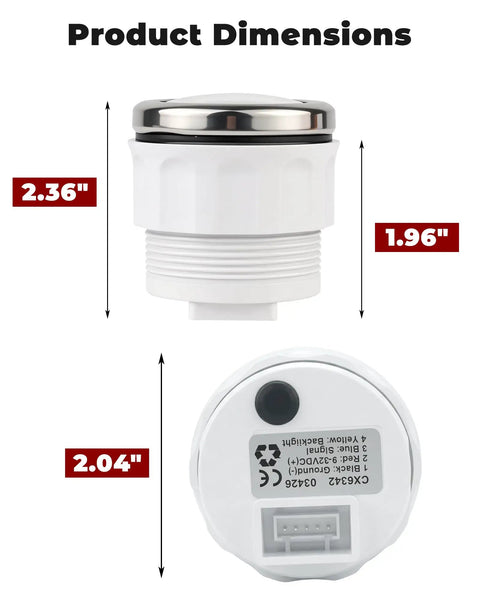 2-1/16 Inch Universal Fuel Gauge With IP67 Waterproof Housing And 8 Color Backlight, Precalibrated 0-90 Ohm And Five Common Sender Ranges, Easy Install, Built Tough For Your Ride, Clear Fuel Readout, dimensions view