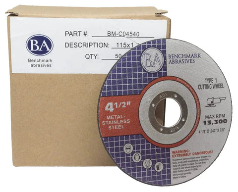 Front view: Benchmark Abrasives Type 1 cutting wheel, 4 1/2 in, aluminum oxide, 7/8 in arbor for metal & stainless steel
