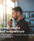 Man enjoying coffee in bright kitchen, showcasing Fully Automatic Espresso Machine With One Touch Milk Frother And Quiet Ceramic Grinder Crafts Top Shelf Coffee Fast Ideal Iced Coffee Maker And Low Noise Kitchen Setup For Daily Grind Certified Renewed Gem.